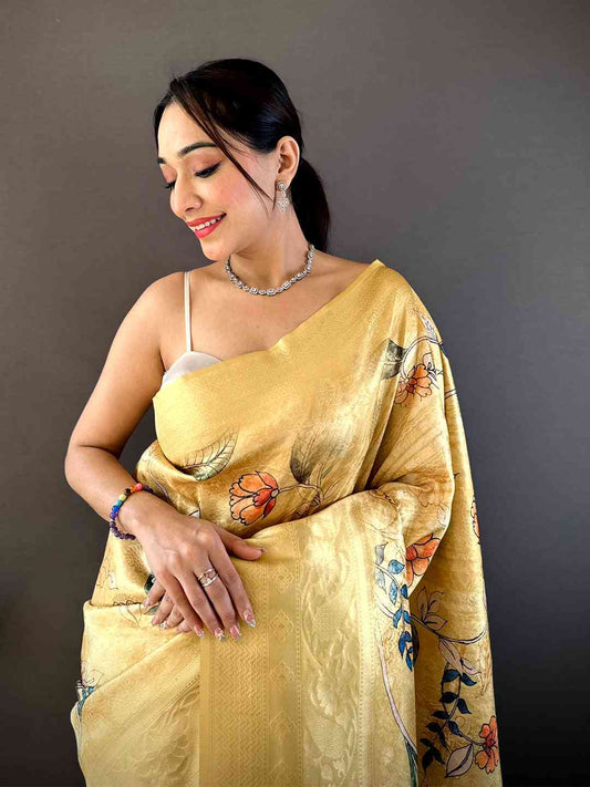 Mustard Kanjivaram Digital Silk Saree by My Store