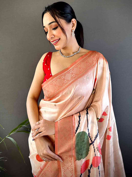 Peach Floral Gold Zari Slub Silk Saree by My Store