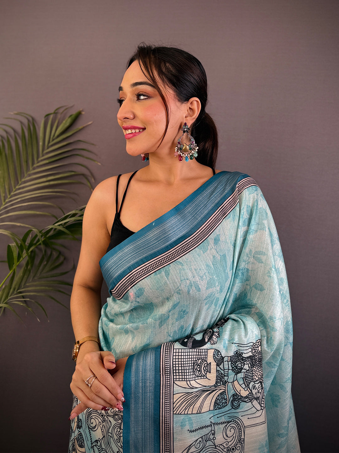 Sky Blue Linen Kalamkari Printed Saree by My Store