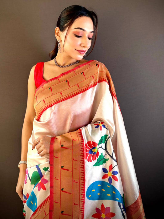 Off White Minakari Soft Silk Saree by My Store