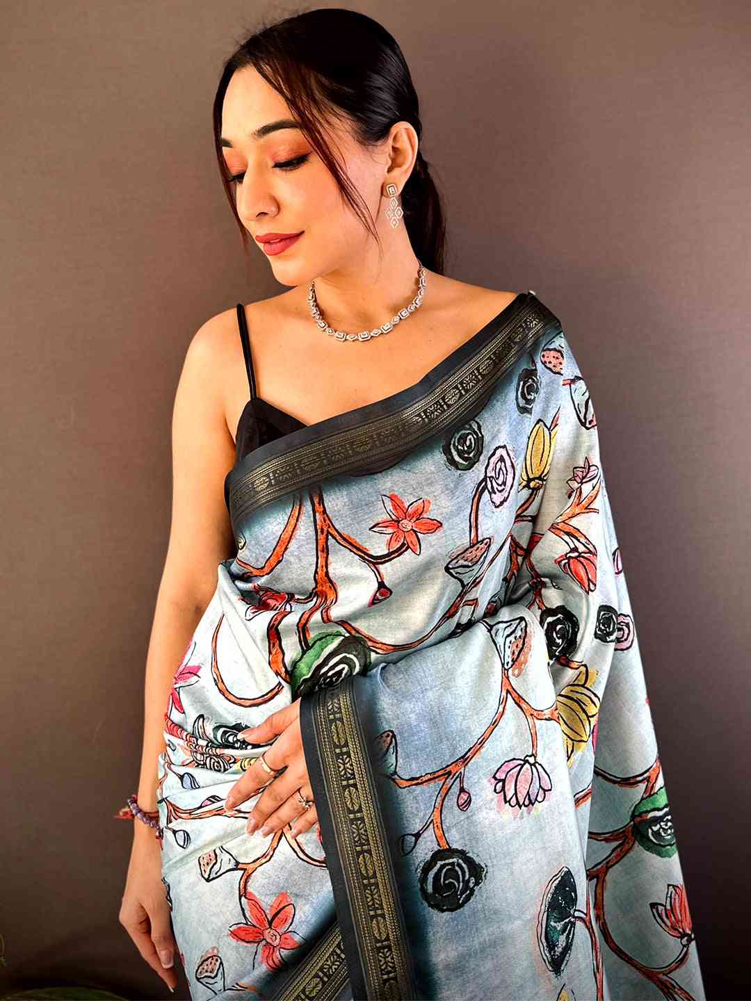 Blue Soft Silk Freehand Kalamkari Print Saree