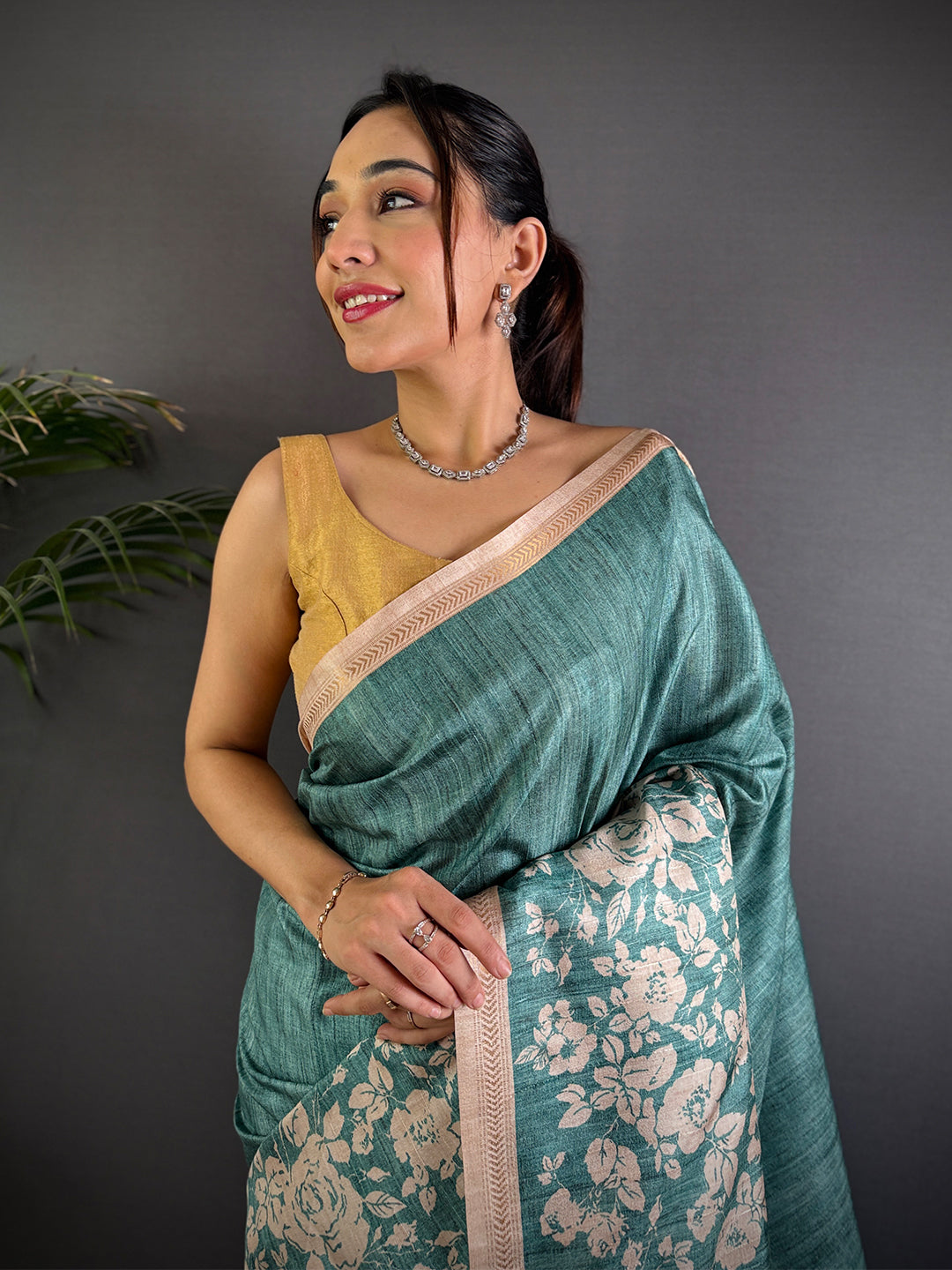 Teal Tussar Ghicha Silk Saree