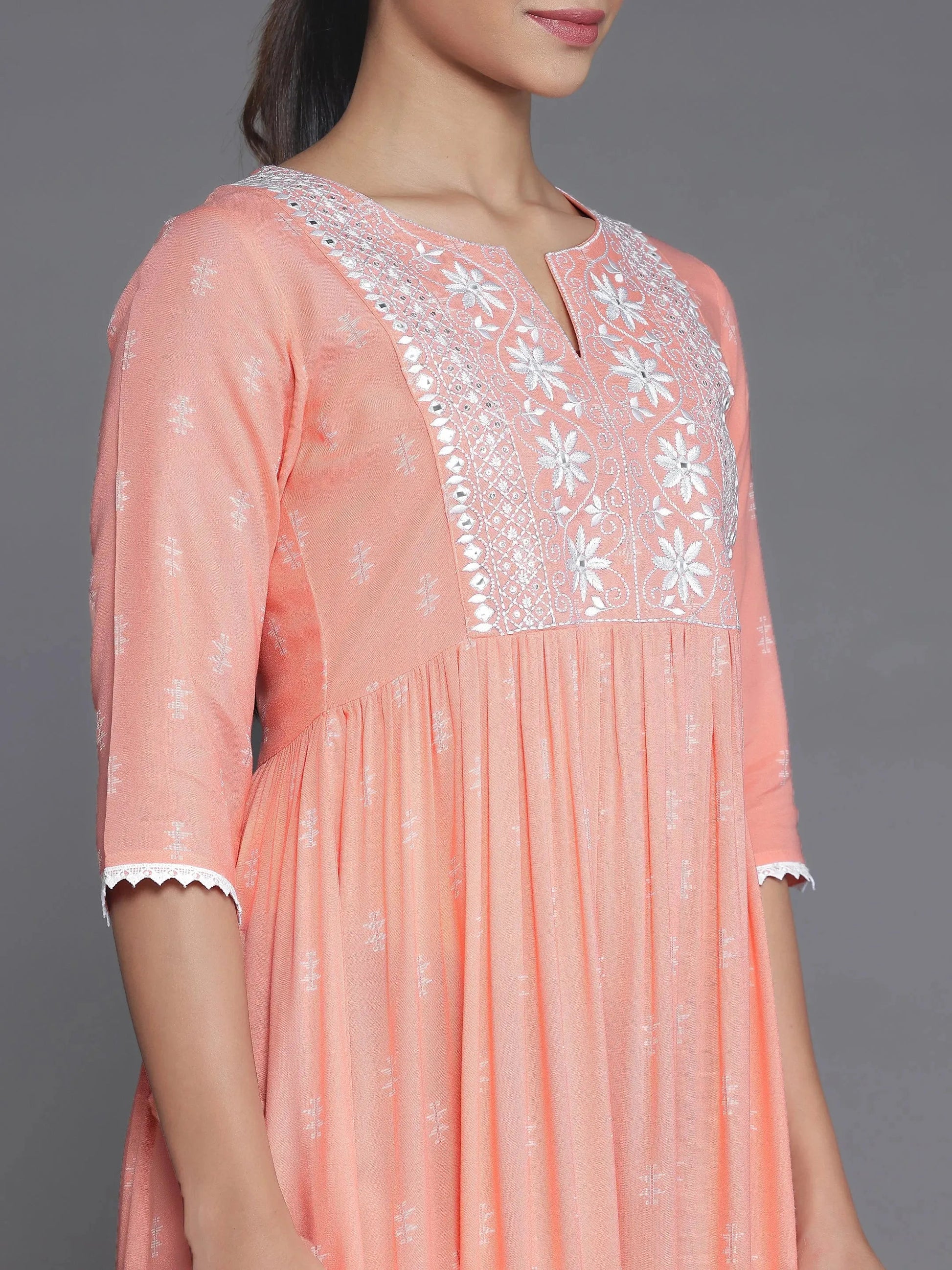 Peach Self Design Viscose Rayon A-Line Dress by My Store
