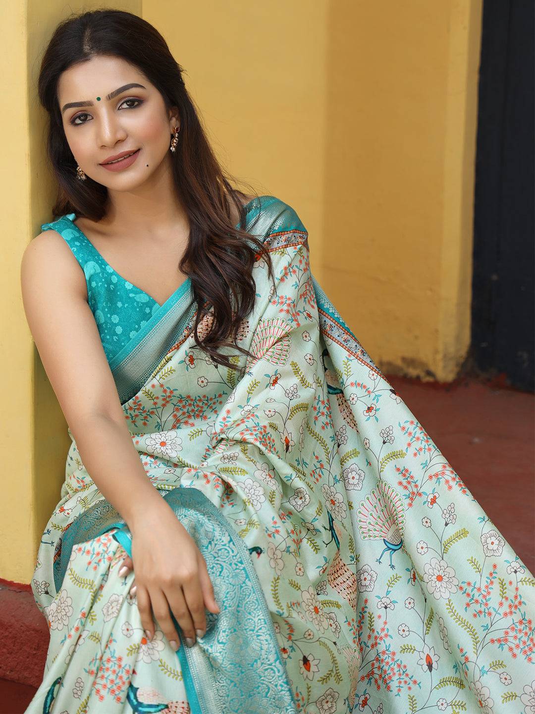 Pista Hand Kalamkari Printed Pure Viscose Dola Silk Saree - Luxe