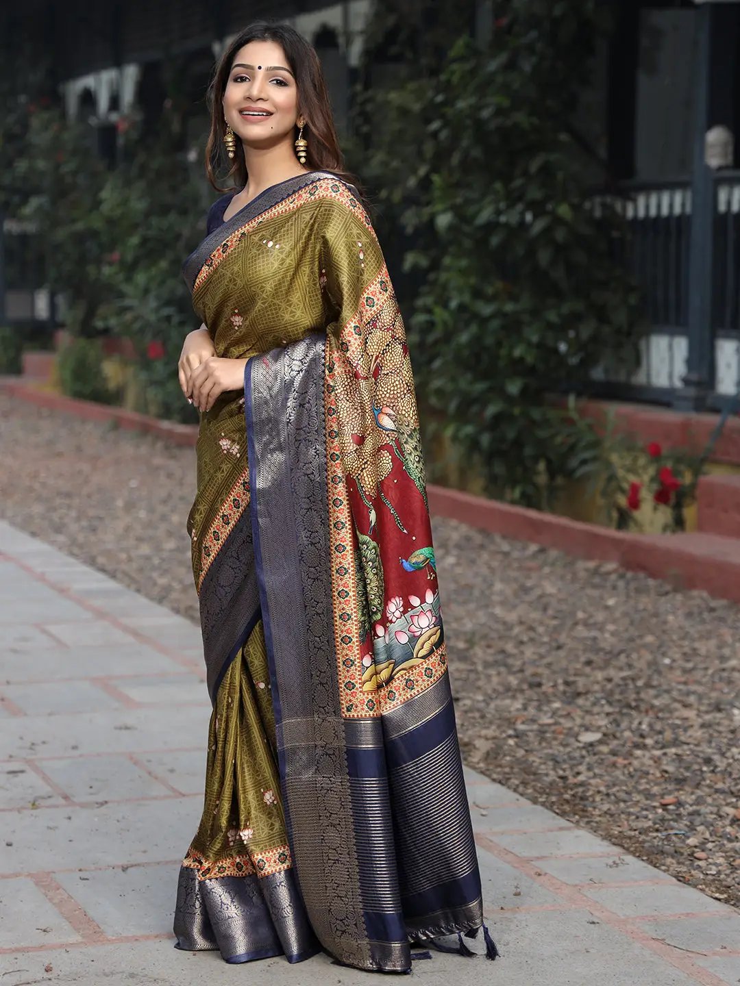 Olive Colour Pure Viscose Dola Silk Saree with Pichwai Kalamkari Print - Luxe by My Store