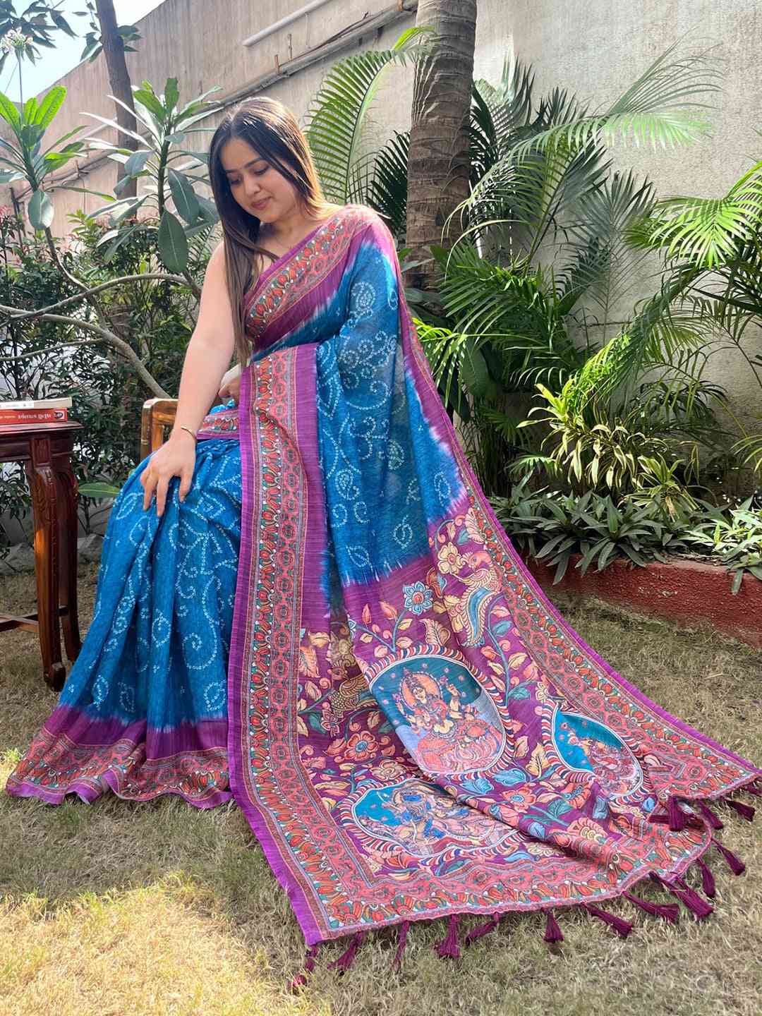 Blue Colour Design Linen Saree with Bandhej and kalamkari Digital Print
