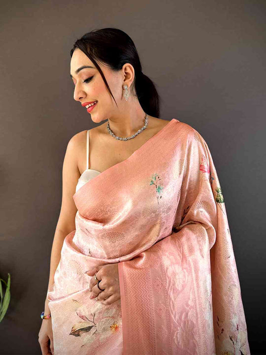 Pastel Peach Kanjivaram Digital Silk Saree by My Store