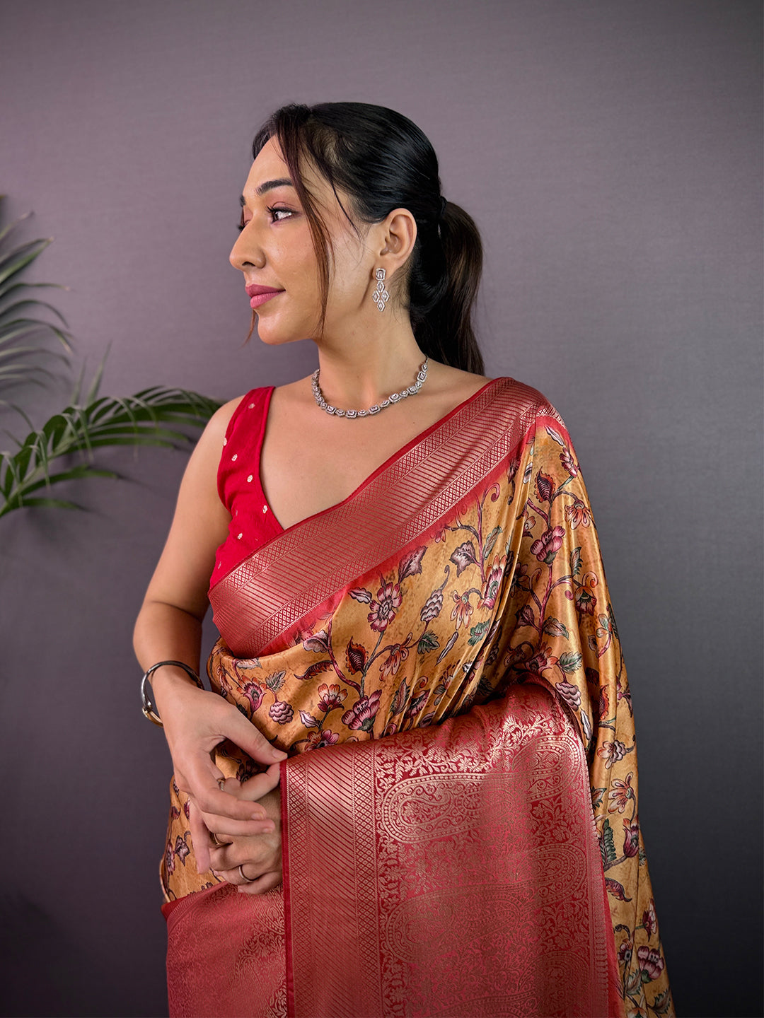 Mustard Yellow Cherry Satin Kalamkari Saree by My Store