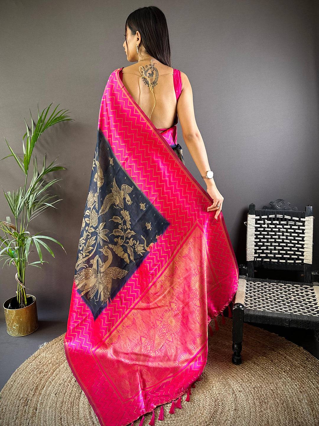Pink Heritage Weave Kalamkari Soft Silk Saree by My Store