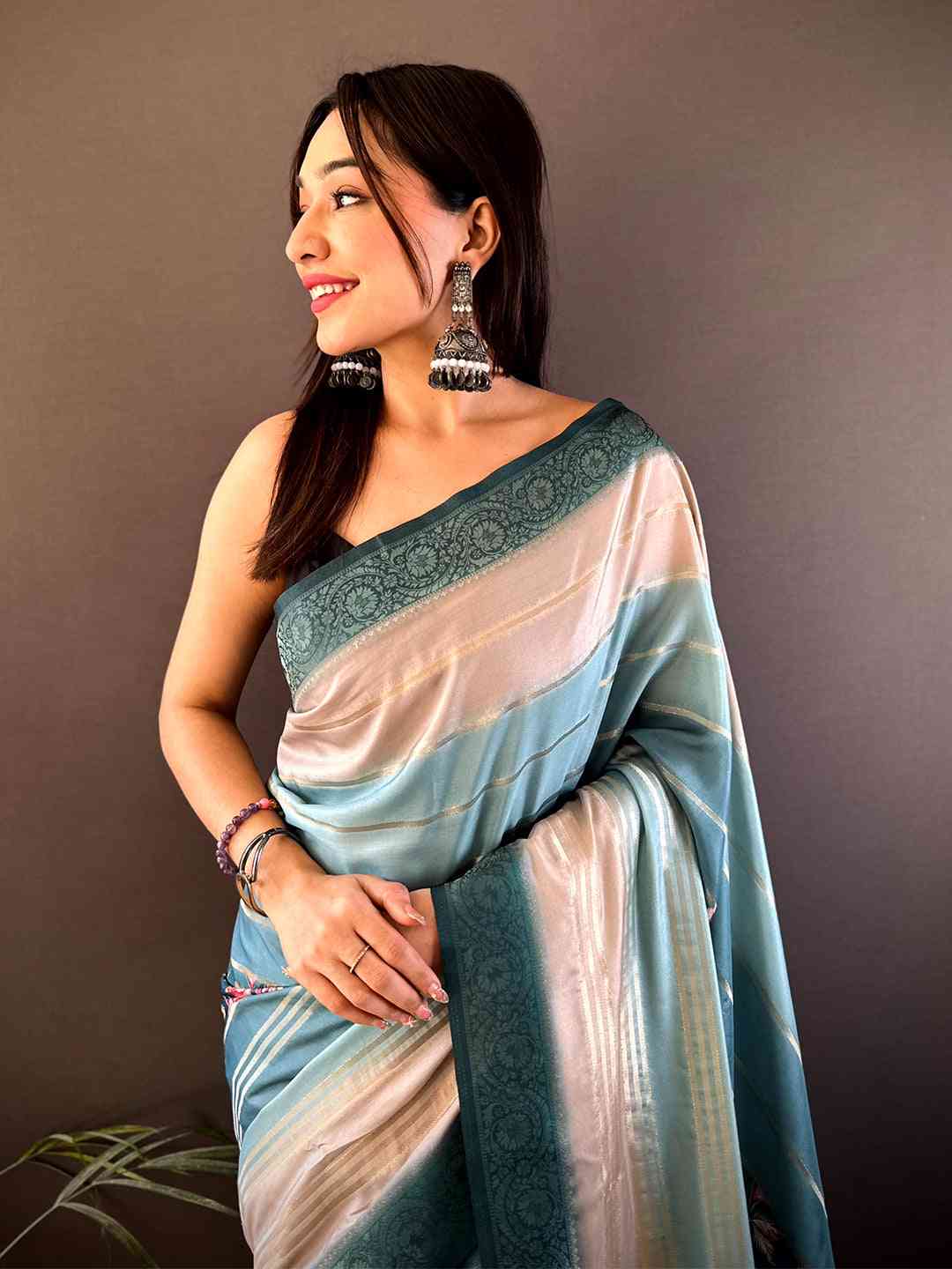 Teal Blue Crepe Silk Floral Saree by My Store