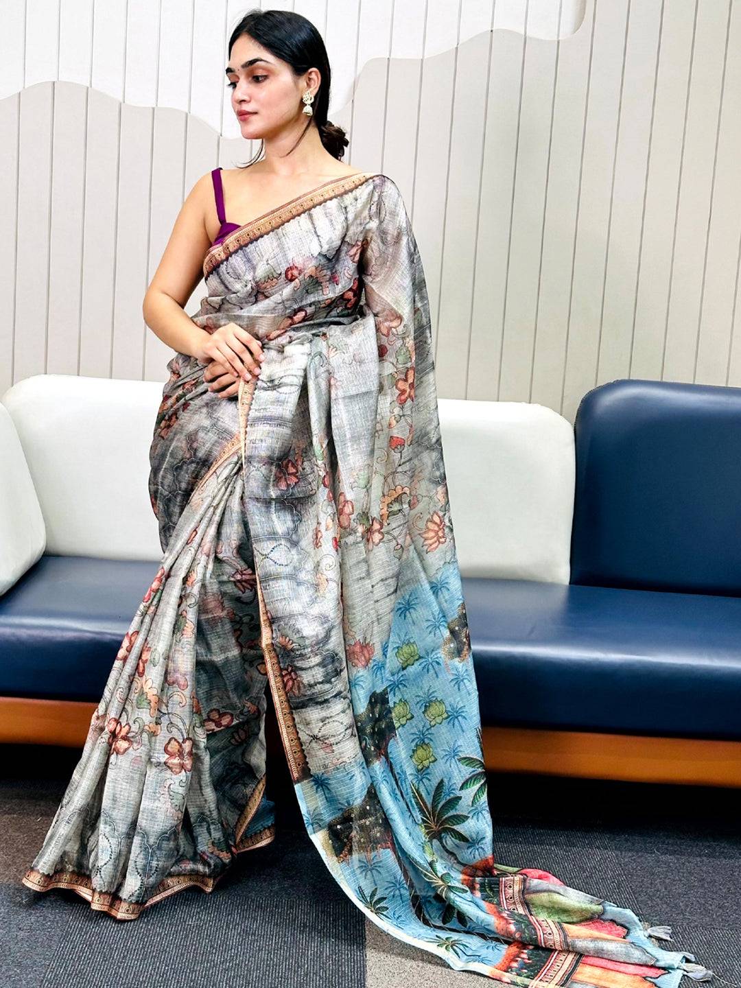 Grey Kota Doriya Silk Saree With Floral Print by My Store