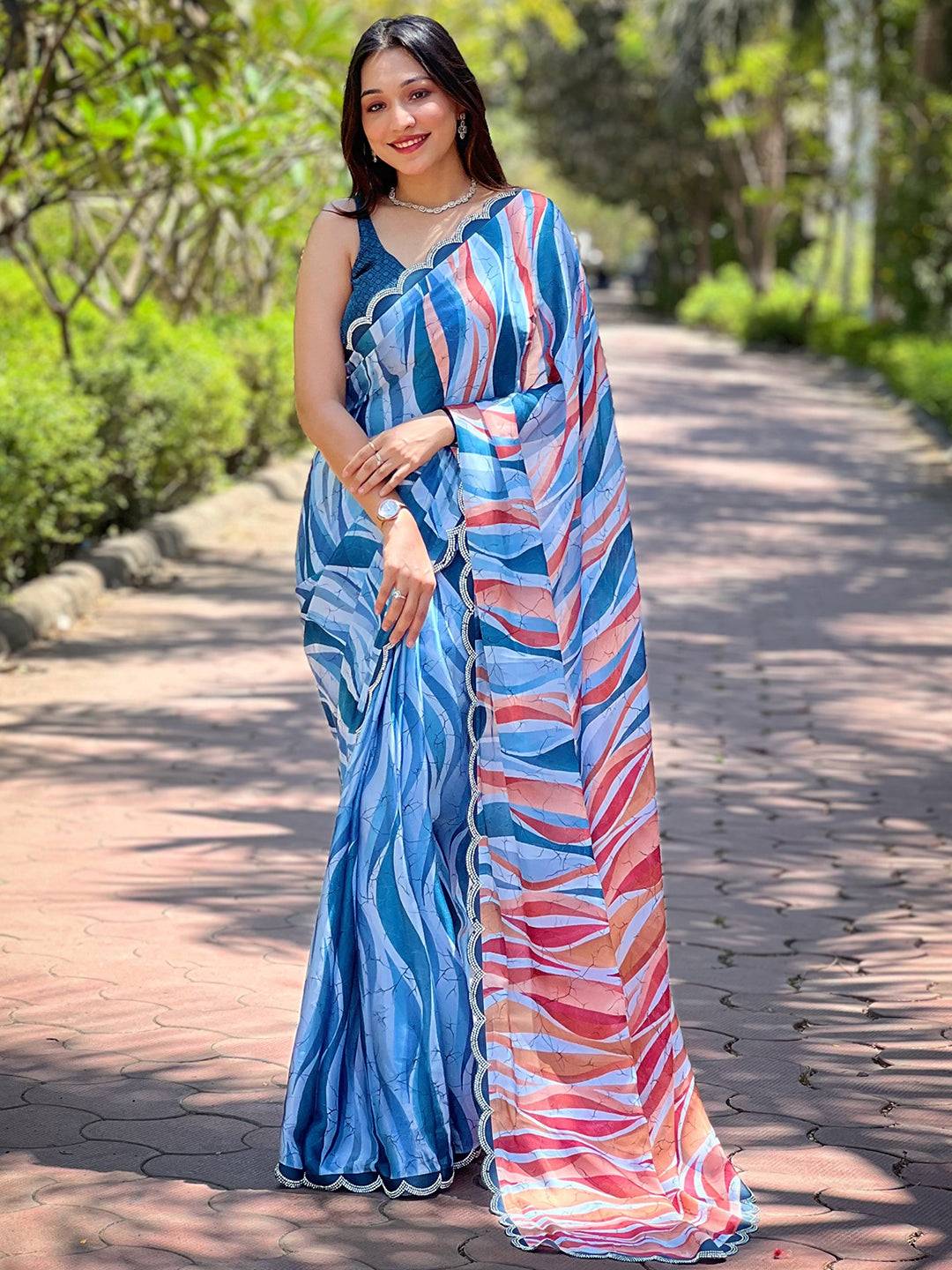 Blue Batik And Polka Dots Print Saree