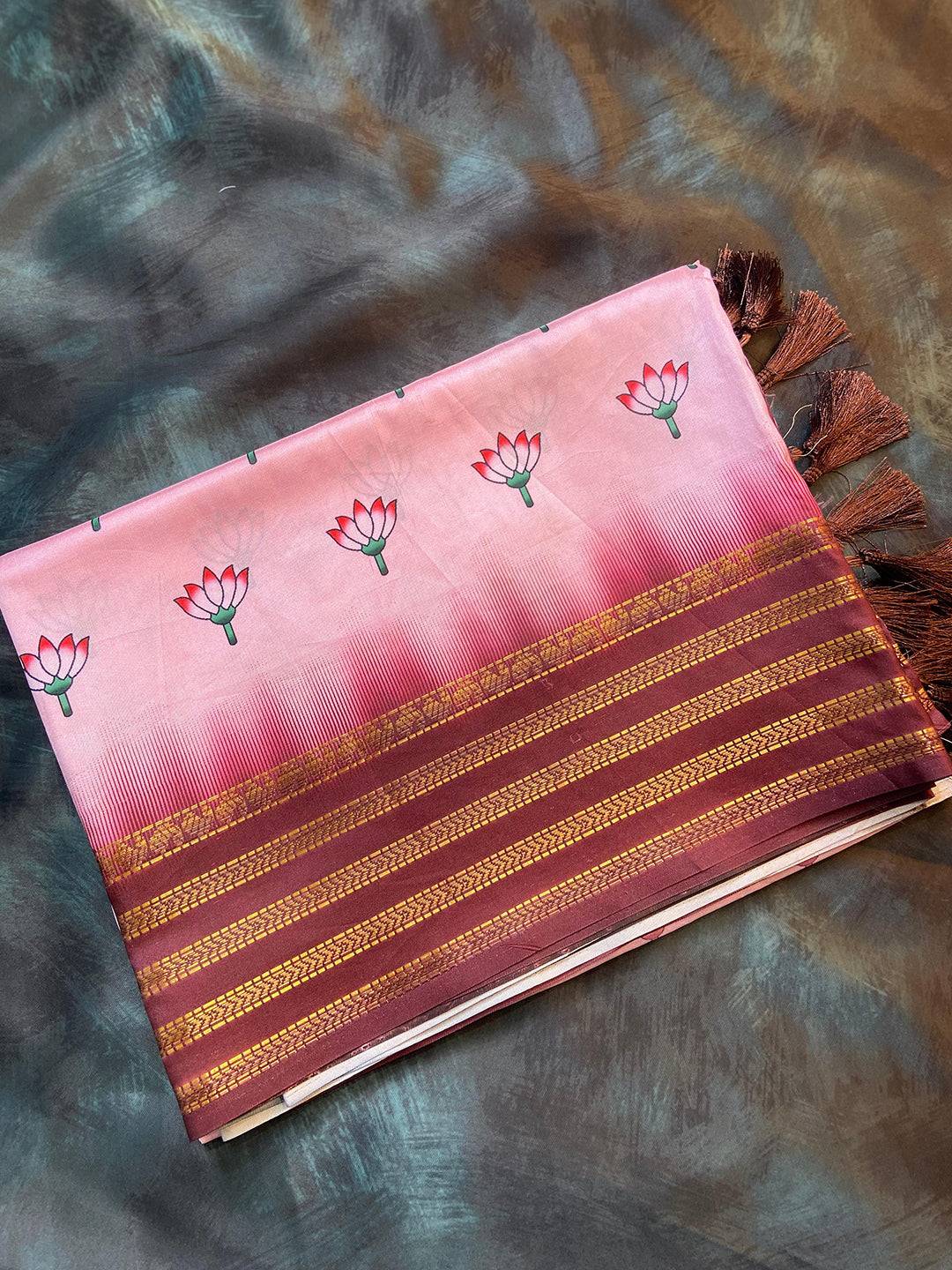 Pink 2 Ton Lotus Print Saree by My Store