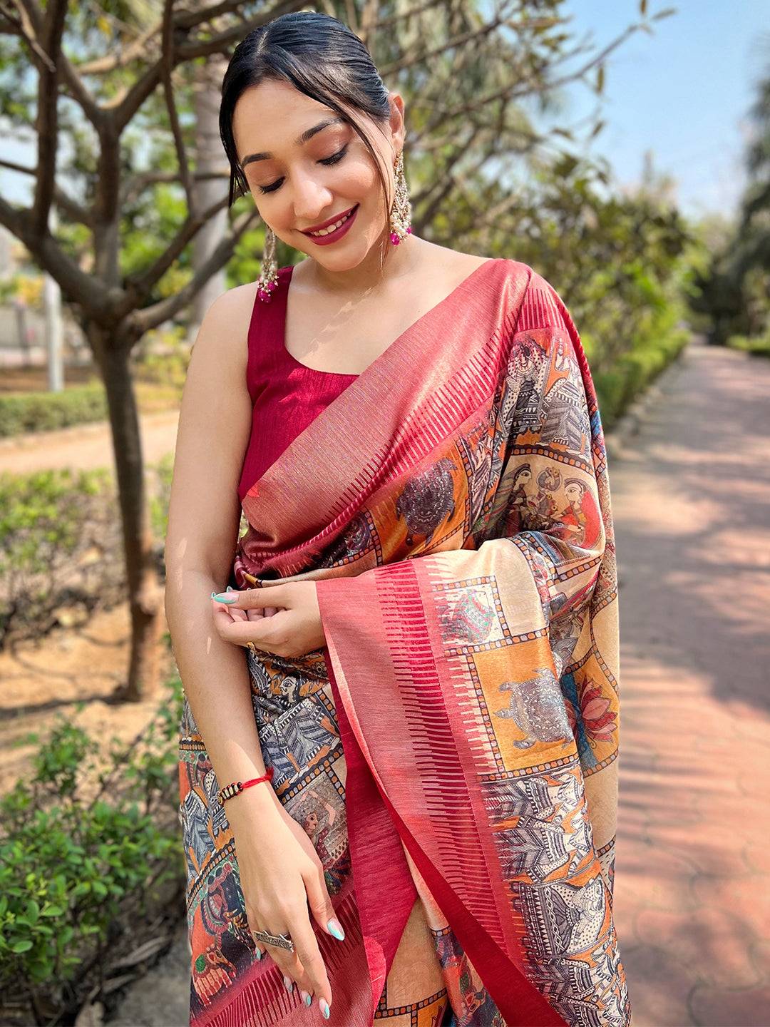 Bollywood Slub Tussar Silk Madhubani Kalamkari Block Print Saree by My Store