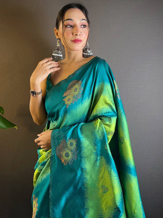 Parrot Green Tussar Silk Ikkat Weaving Saree by My Store