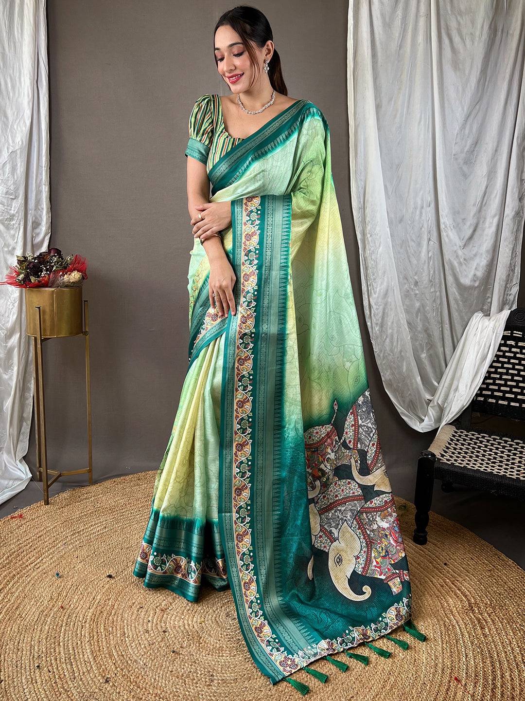 Emerald Green Kota Satin Border Saree by My Store