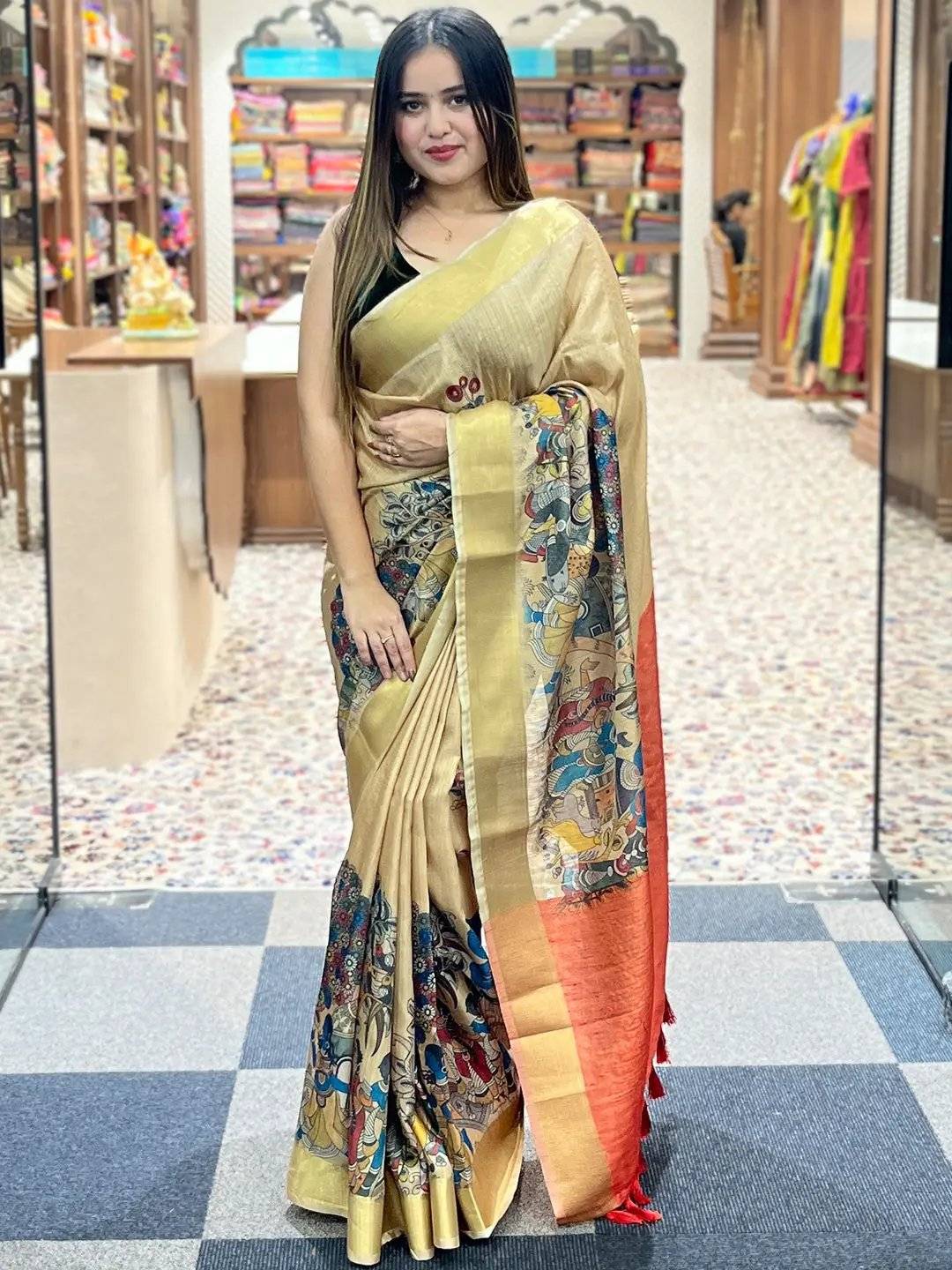 Incredible Pen Kalamkari Linen Tissue Soft Saree by My Store