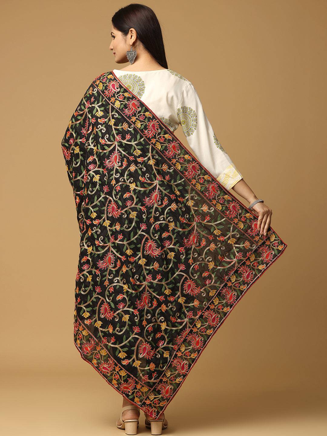 Latest Black Poly Chiffon Pashmina Threadwork Dupatta by My Store