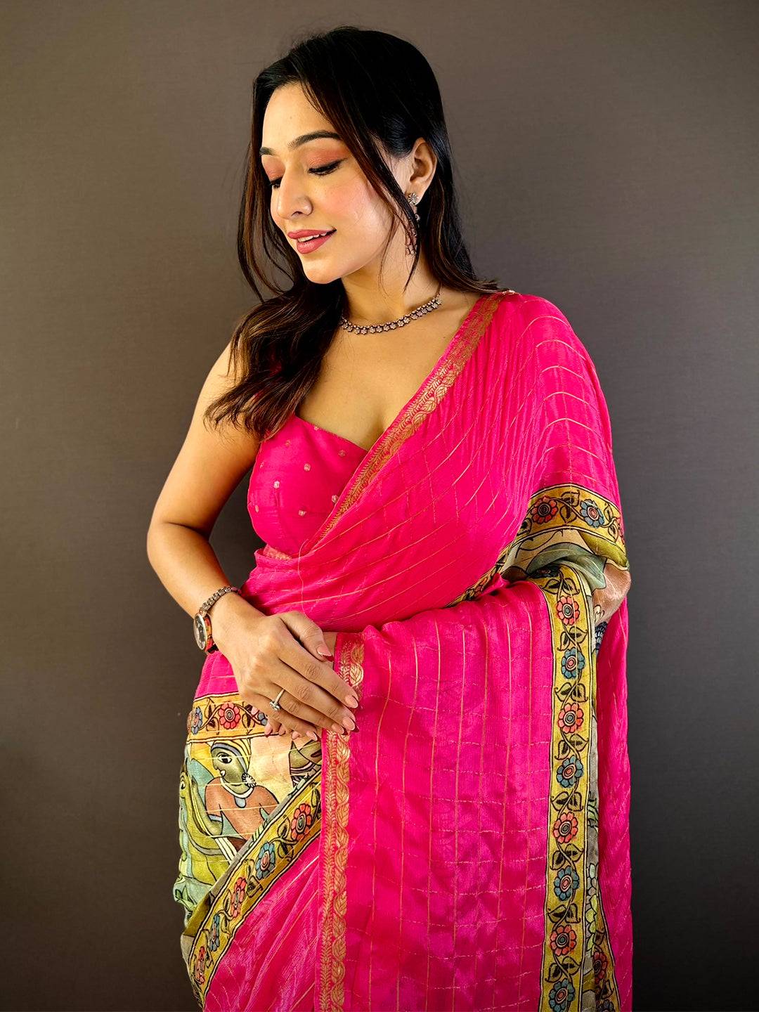 Pink Kalamkari Printed Viscos Chiffon Saree