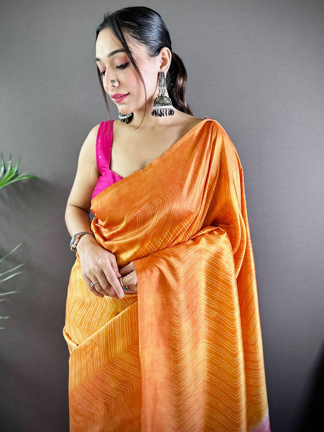 Orange Leheriya Gamthi Silk Sarees by My Store