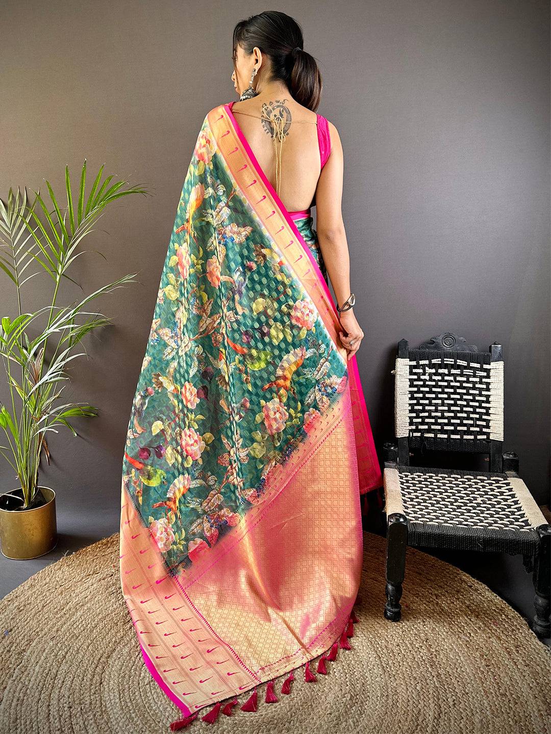 Teal Paithani Kora Silk Saree by My Store