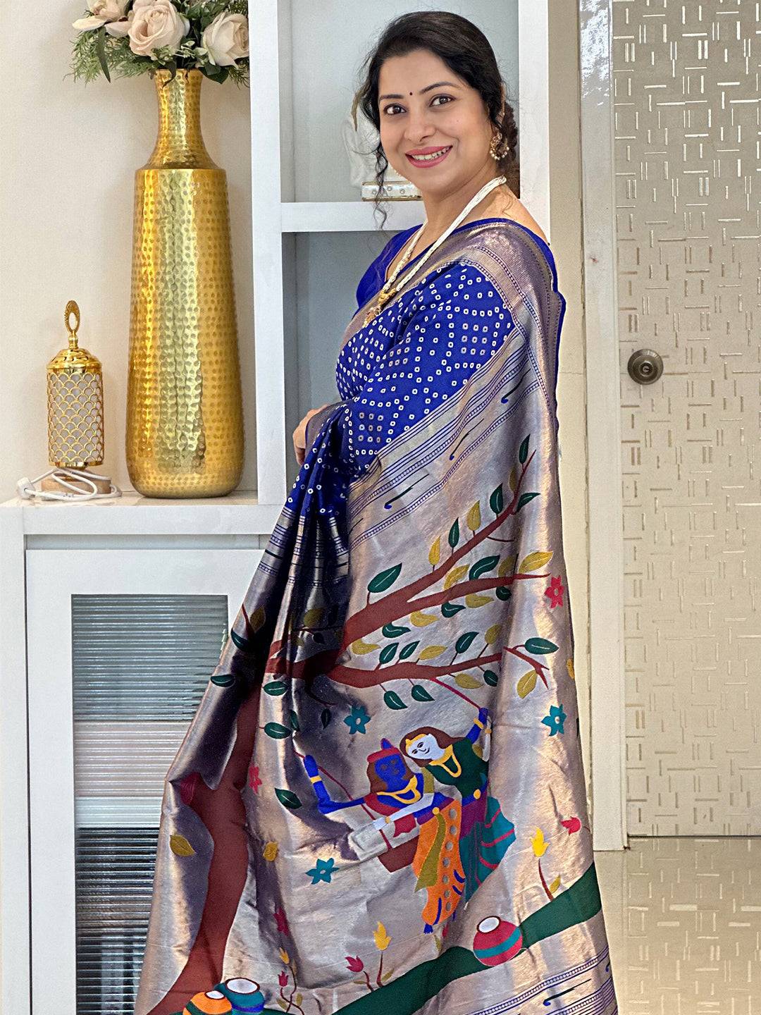 Blue Soft Silk Bandhej Weaving Saree
