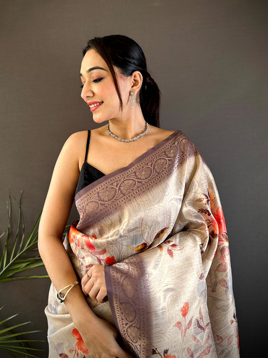 Ivory Slub Ghicha Placement Print Saree by My Store