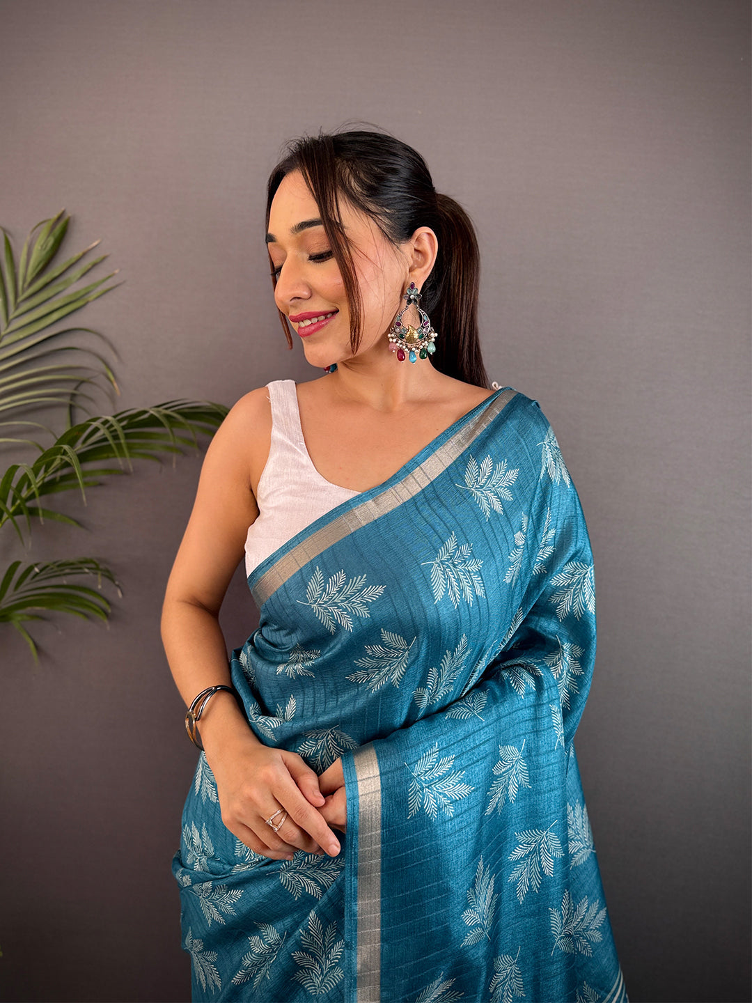 Teal Blue Leaf Print Ghicha Handloom Saree by My Store
