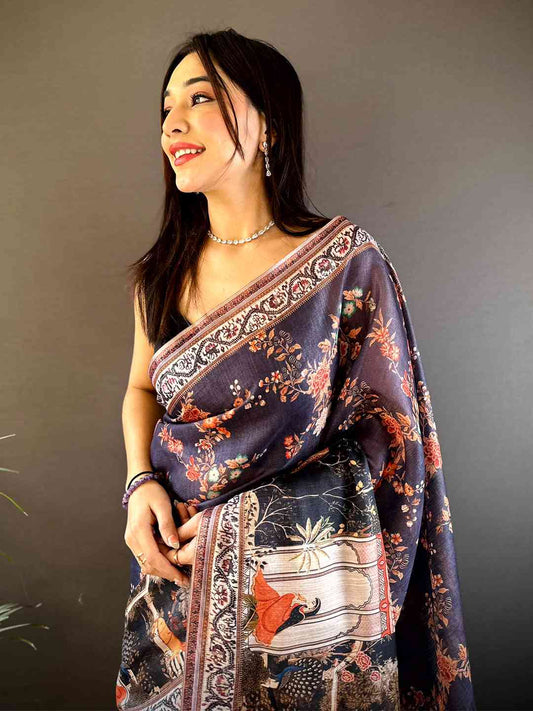 Navy Blue Tissue Chanderi Kalamkari Handprint Saree by My Store
