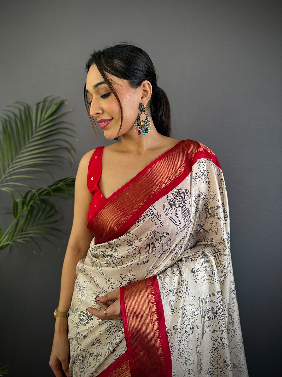 Red Dola Silk Pen Kalamkari Print Saree by My Store