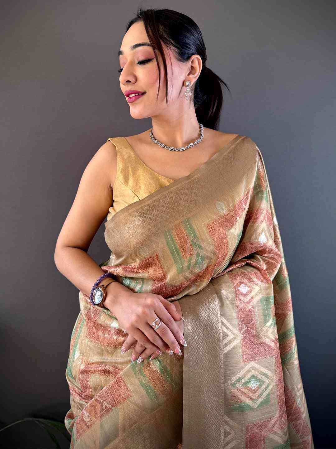 Beige Banarasi Silk Katan Geometric Saree