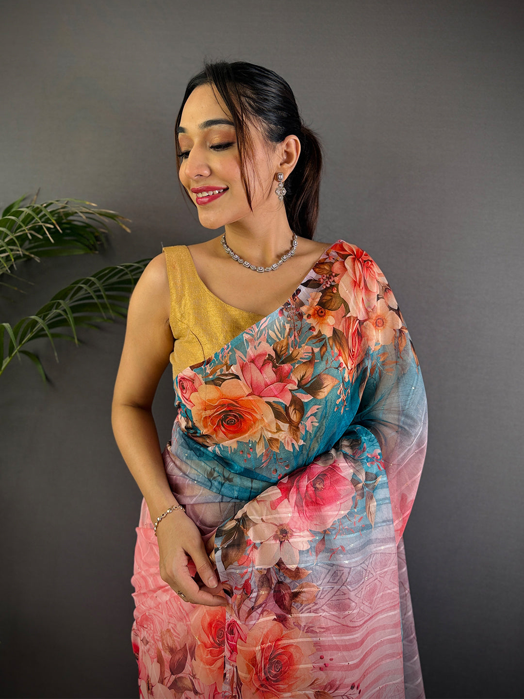 Light Pink Soft Organza Digital Floral Saree by My Store