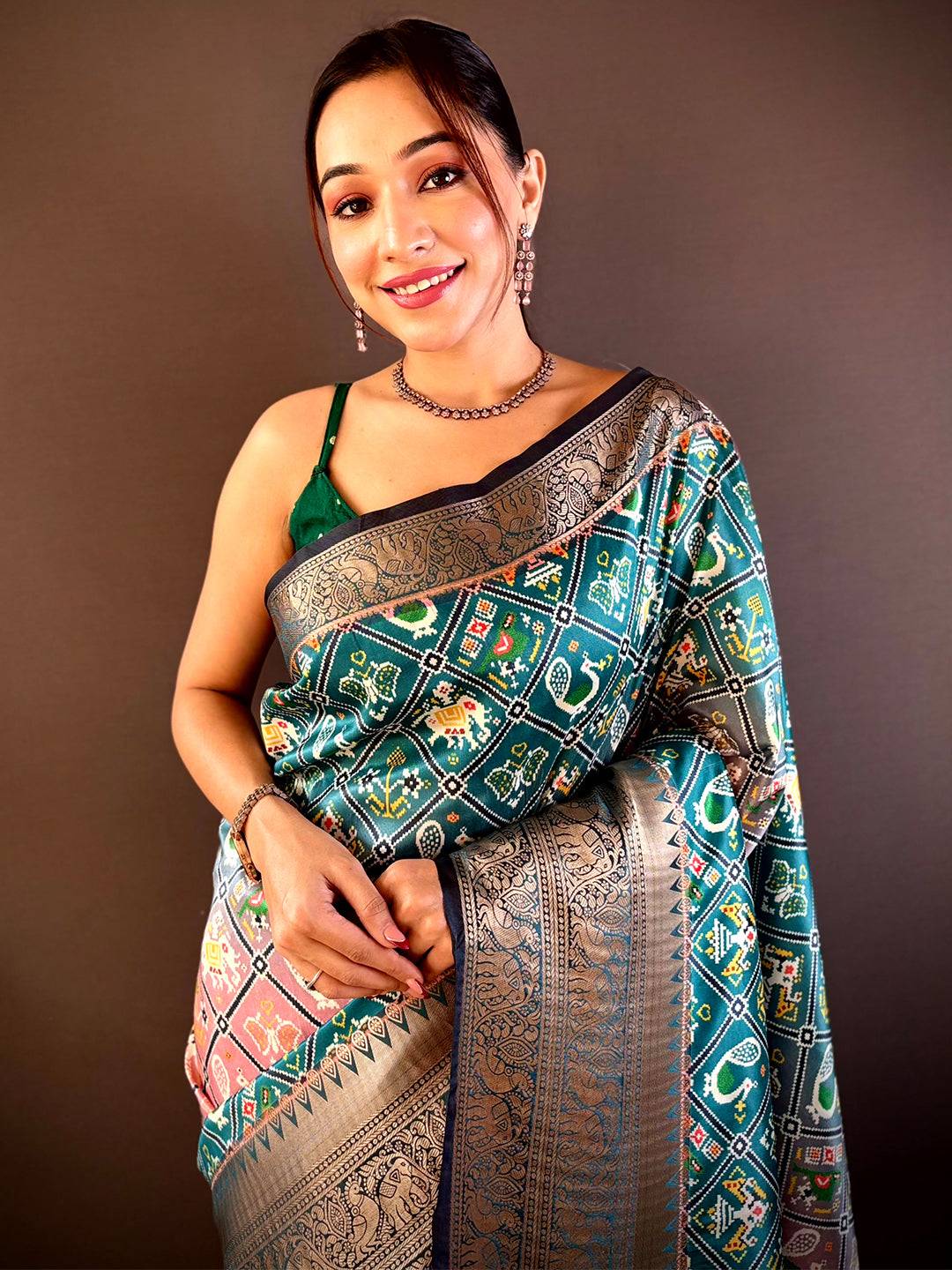 Ombre Rama Soft Silk Patola Print Saree