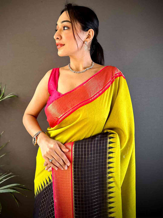 Lemon Yellow Zari Pallu Cotton Viscose Saree by My Store