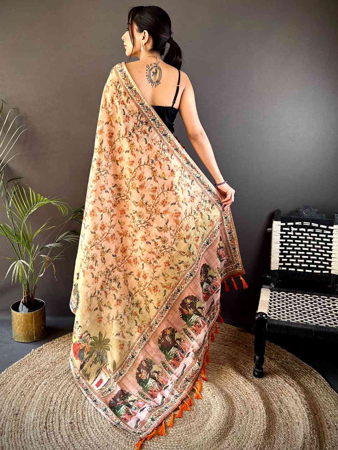 Peach Tussar Pashmina Kalamkari Saree by My Store