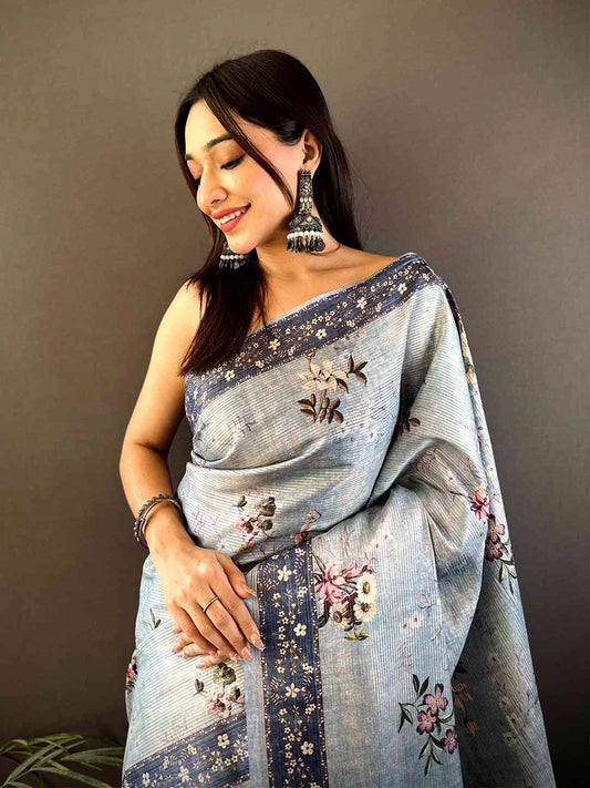 Pastel Blue Zari Tussar Floral Print Saree by My Store