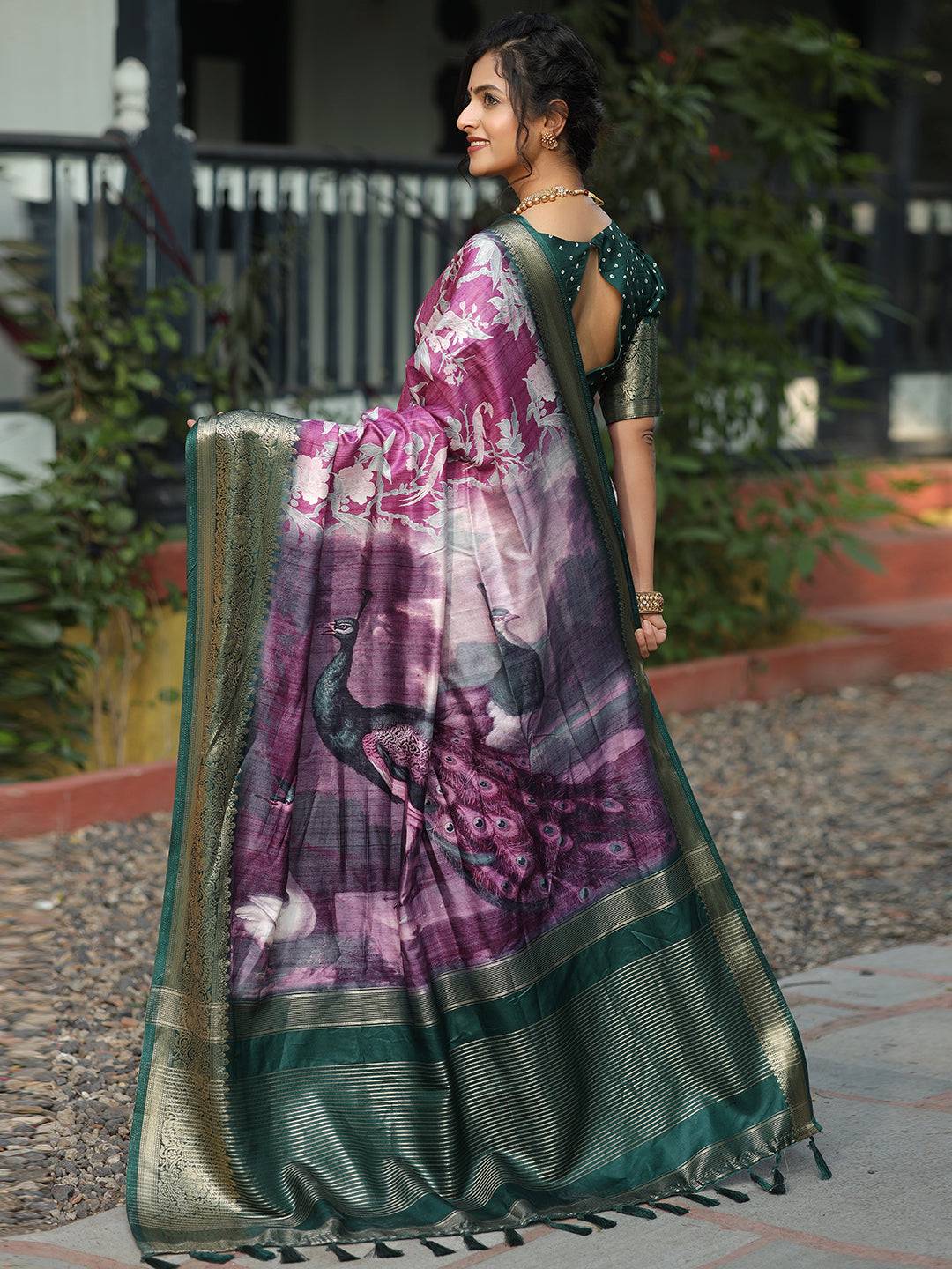 Viscose Dola Silk Purple Colour Saree with Floral and Mughal Print - Luxe
