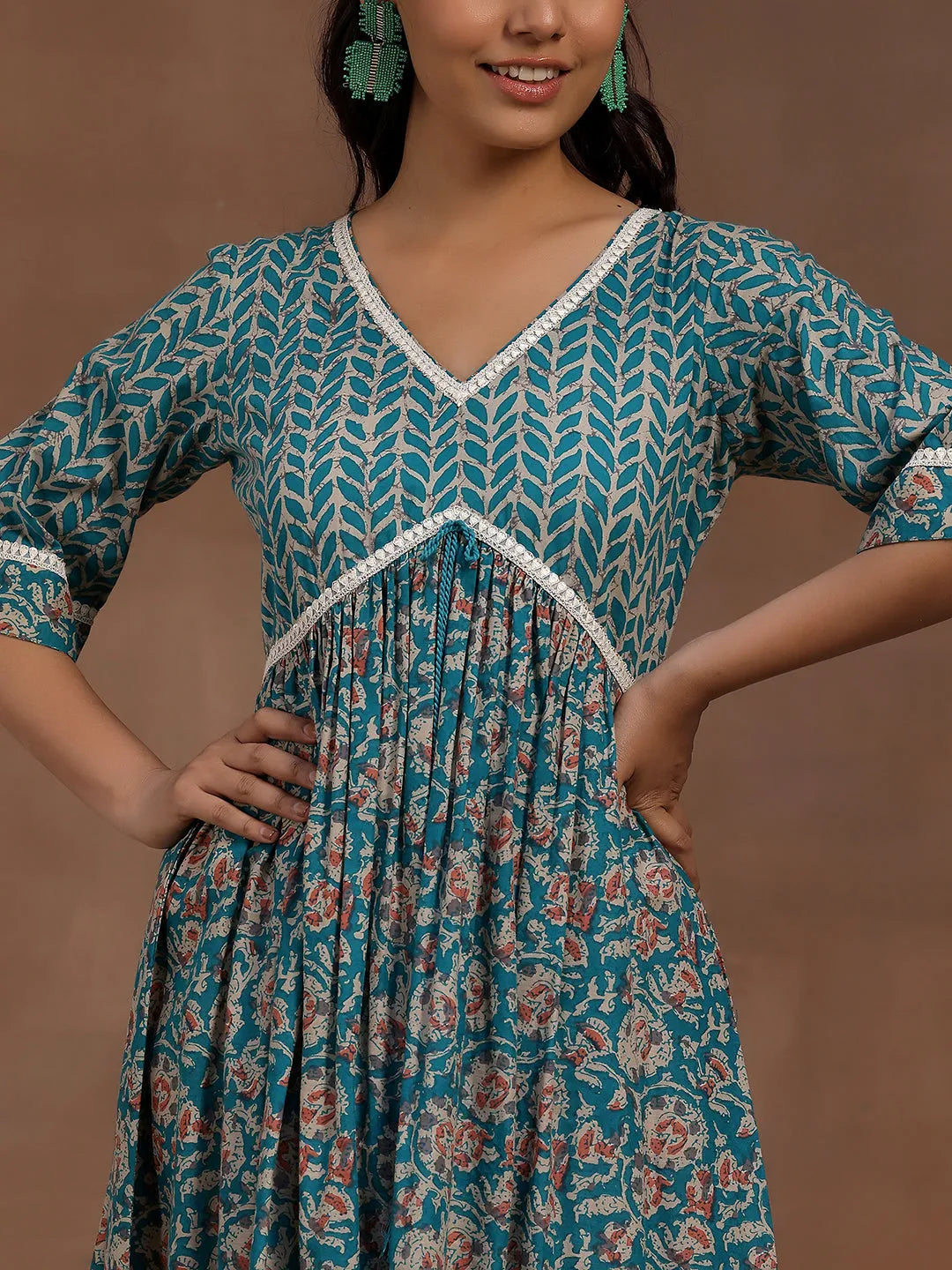 Green Printed Cotton Fit and Flare Dress by My Store