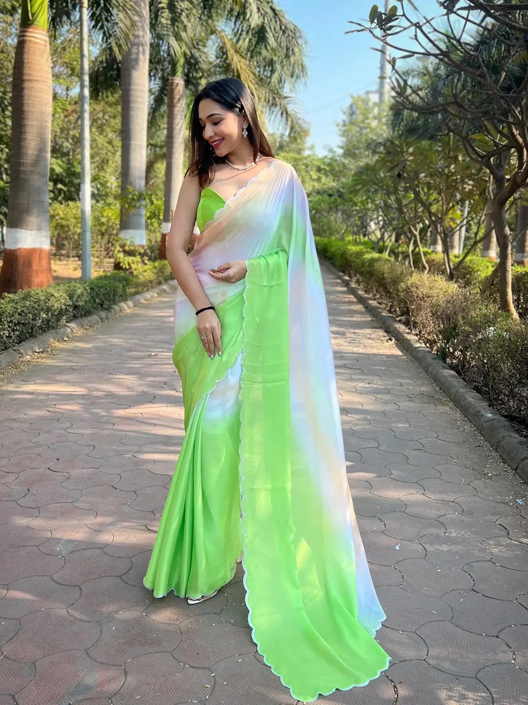 Green Satin Georgette Saree by My Store