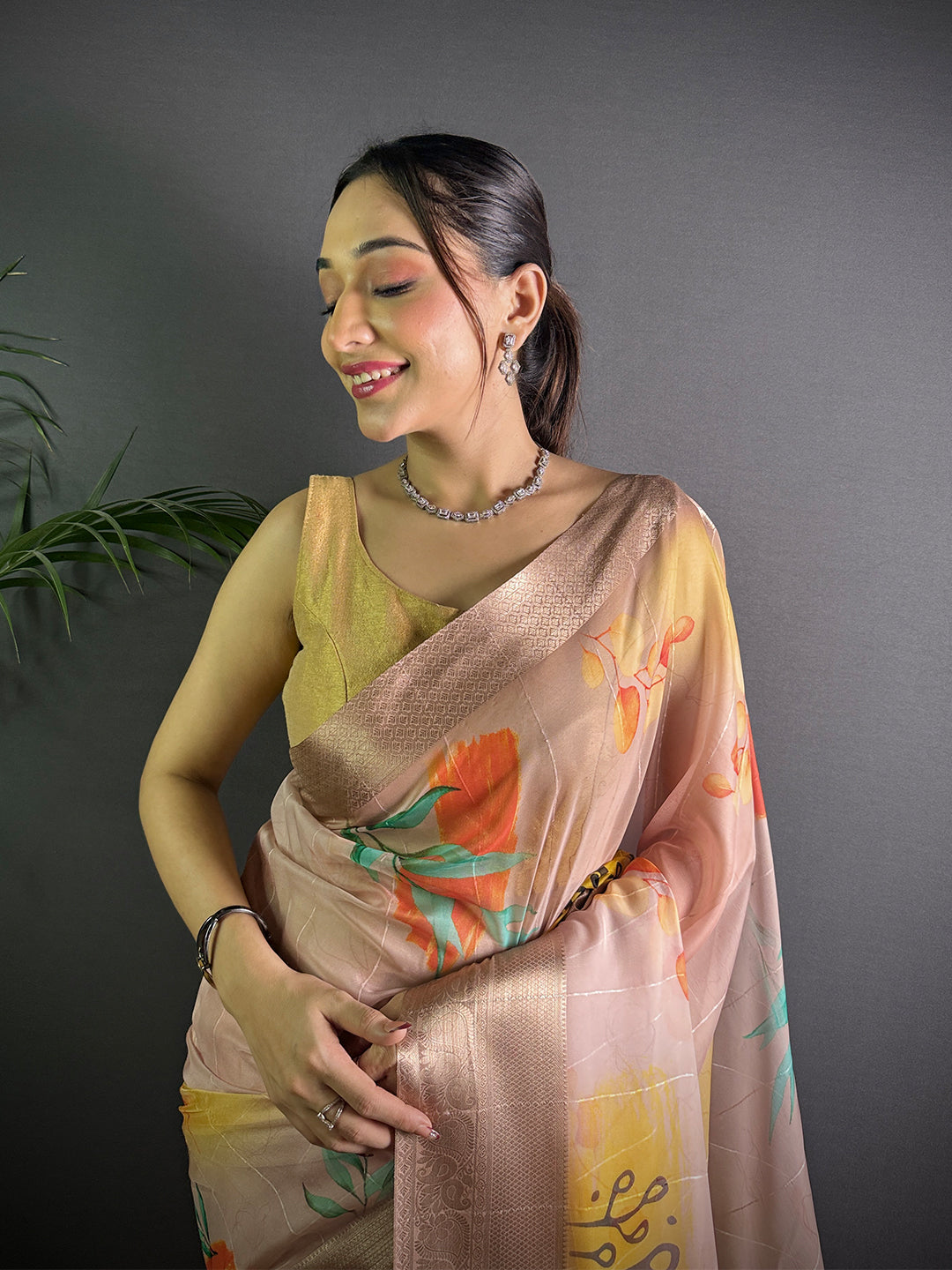 Blush Pink Soft Organza Silk Floral Saree by My Store