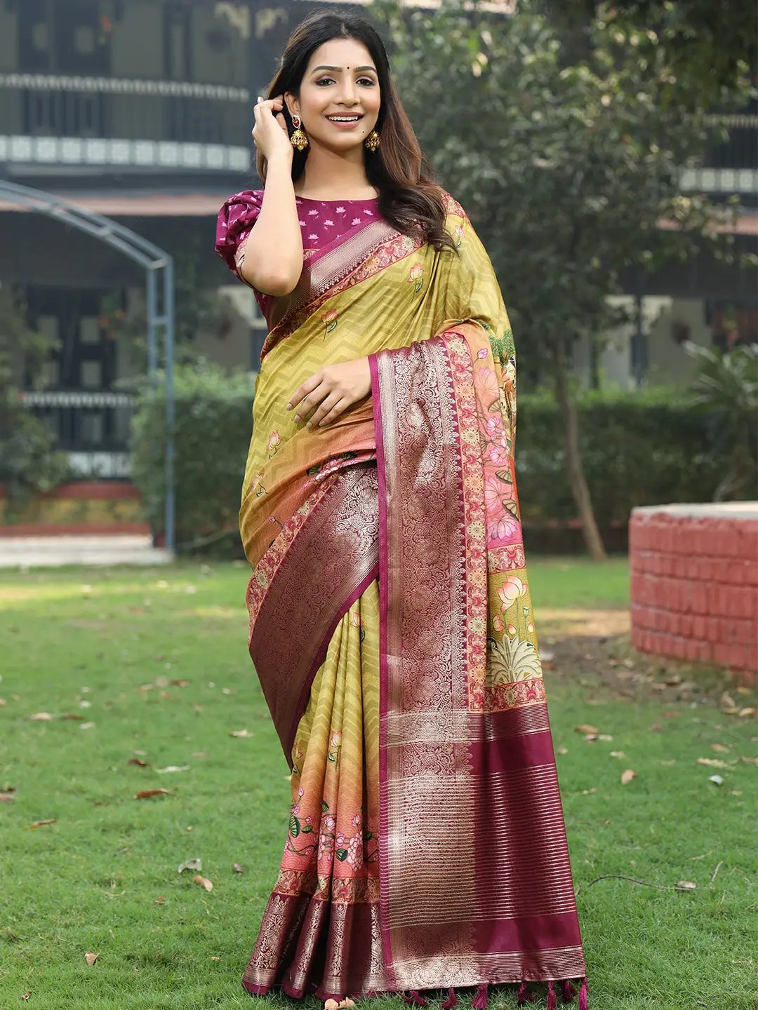 Light Green Colour Pure Viscose Dola Silk Saree with Pichwai Kalamkari Print - Luxe