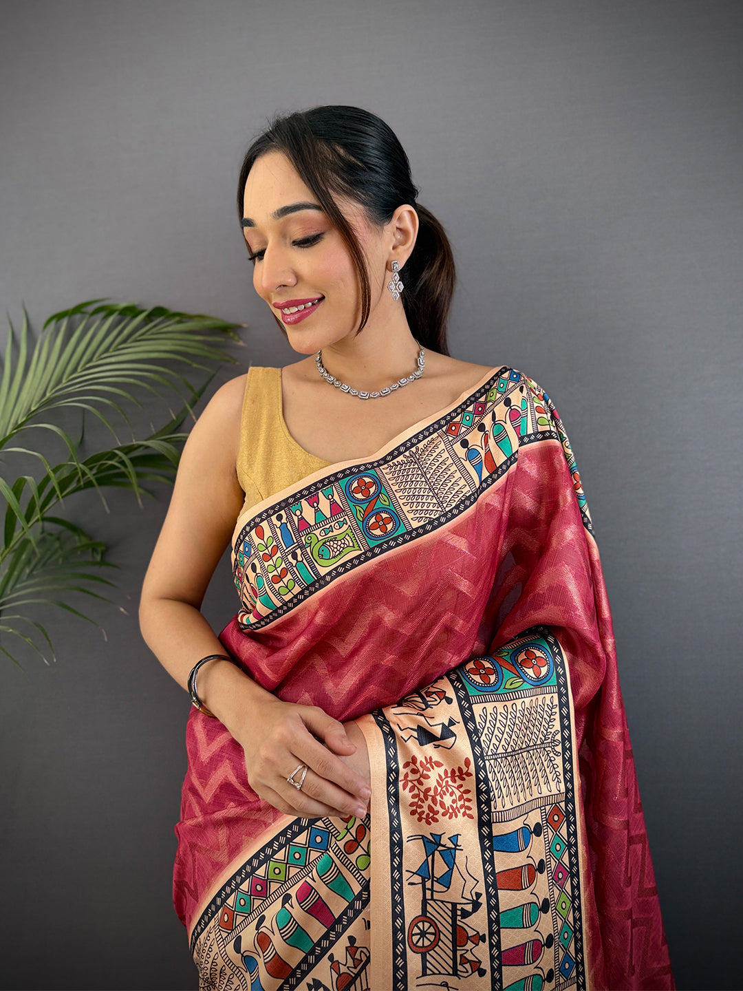 Blush Red Madhubani Print Soft Silk Saree by My Store
