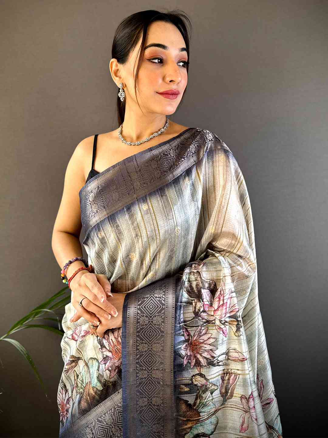 Grey Ghicha Weave Floral Saree by My Store
