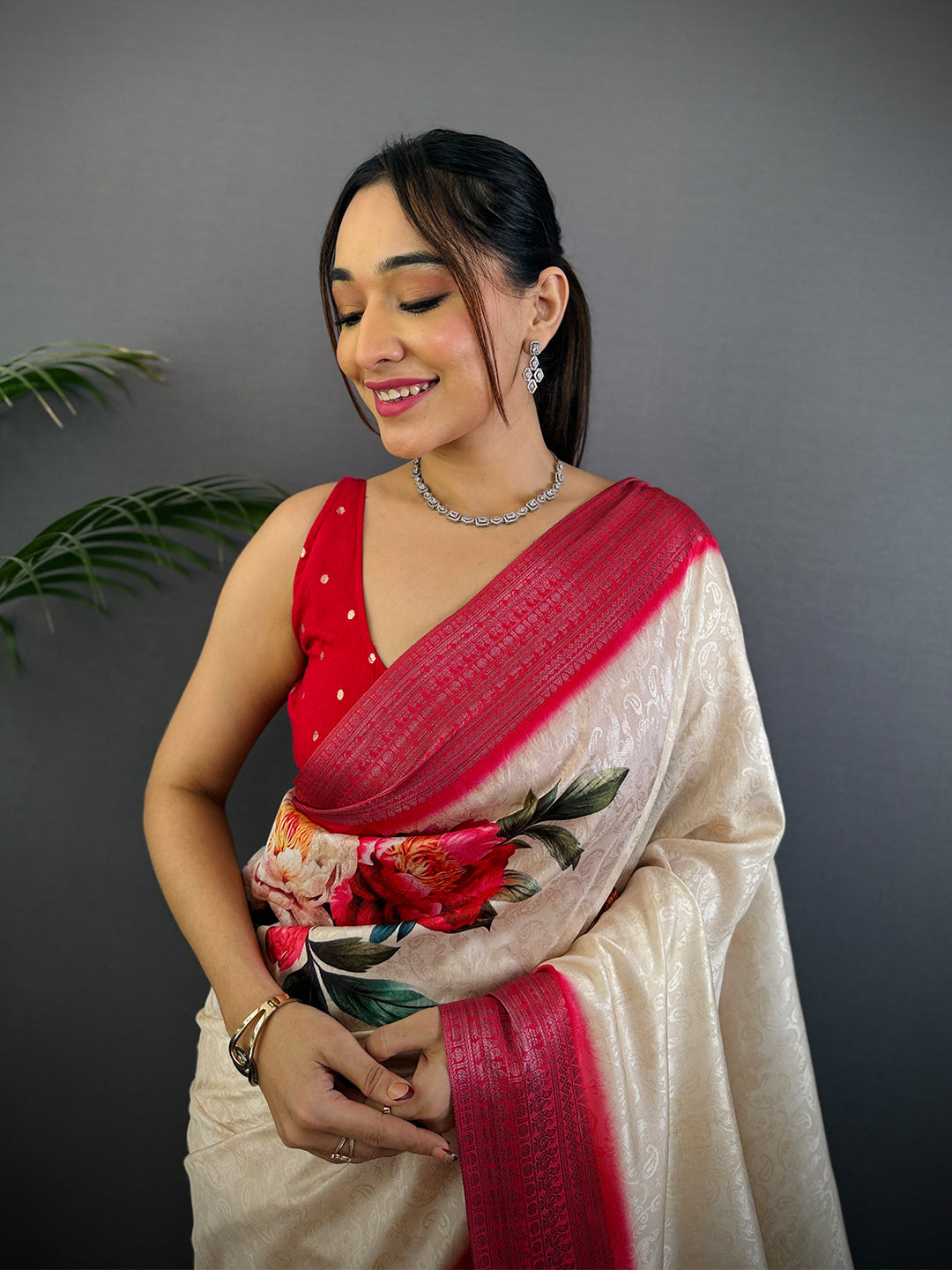 Off White Digital Print Soft Dola Silk Saree by My Store