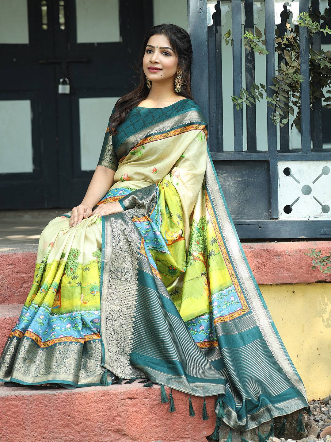 Pichwai Print Zari Weaving Pallu Saree In Pista Colour - Luxe by My Store