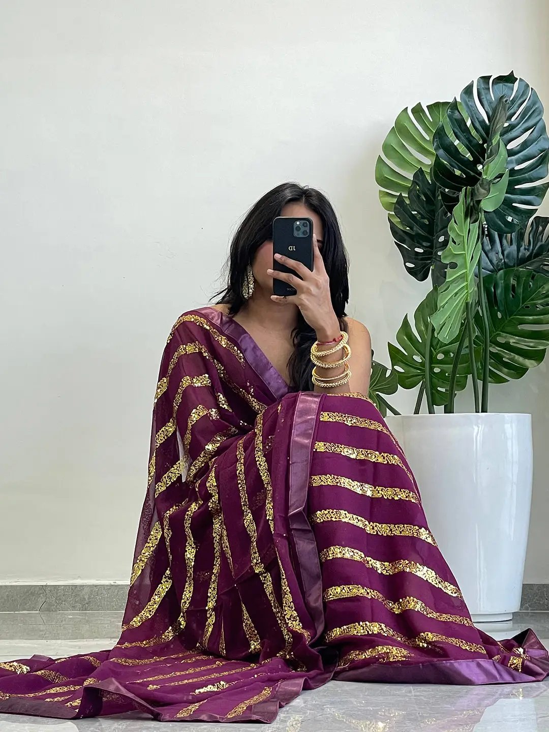 Modern Elegance Georgette Saree with Striped Sequins Work and Solid Border by My Store