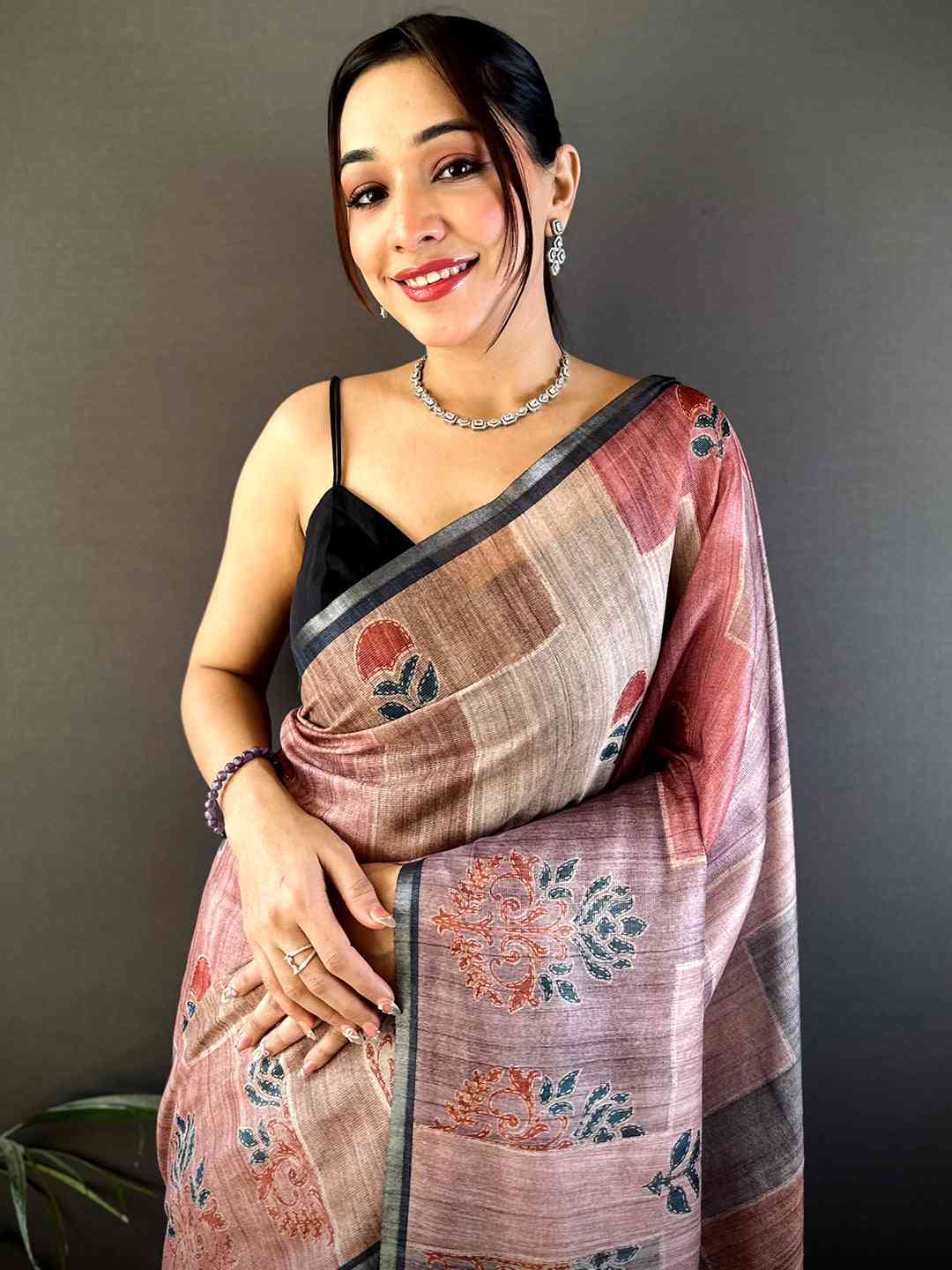 Dusty Rose Tissue Chanderi Geometric Floral Saree by My Store