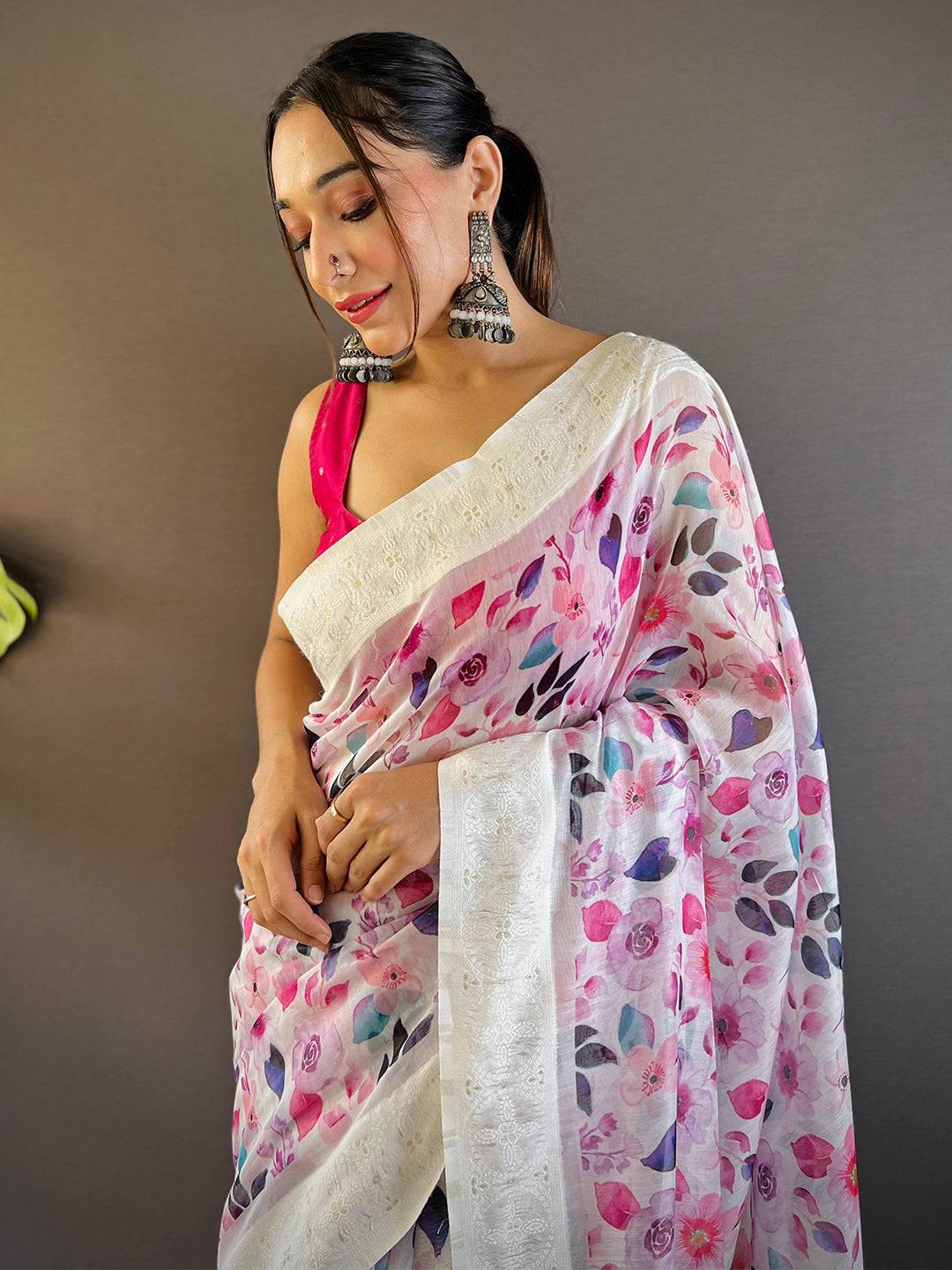 Radiant Lakhnavi Floral Print Saree by My Store
