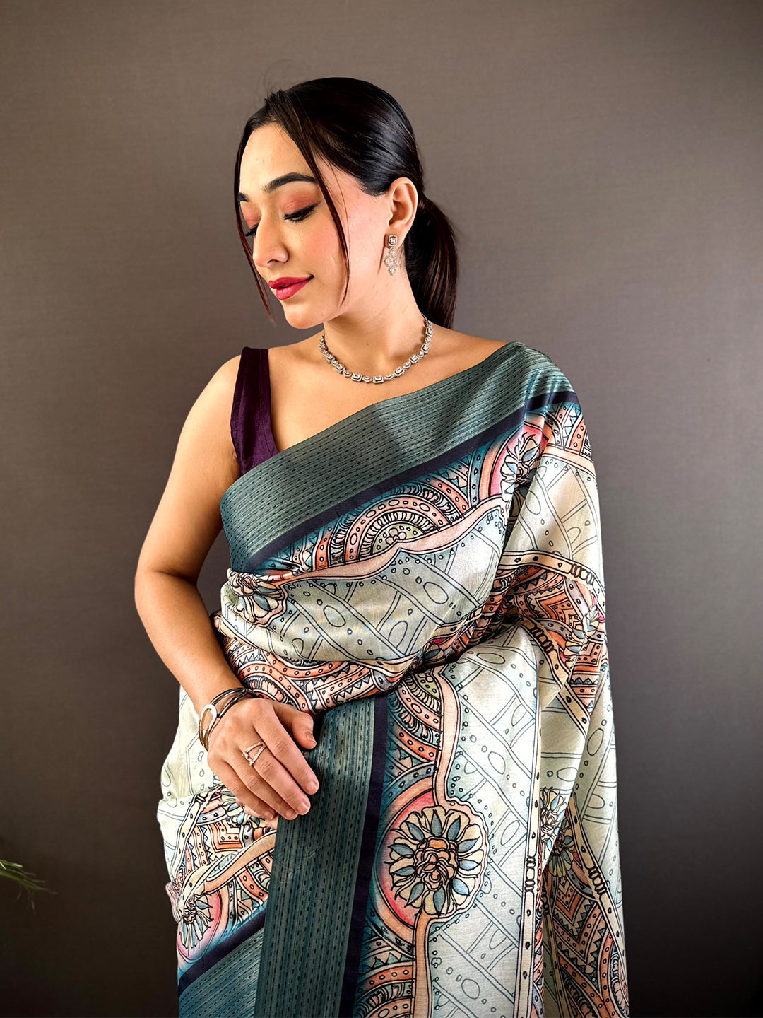 Off White Digital Kalamkari Printed Tussar Silk Saree by My Store
