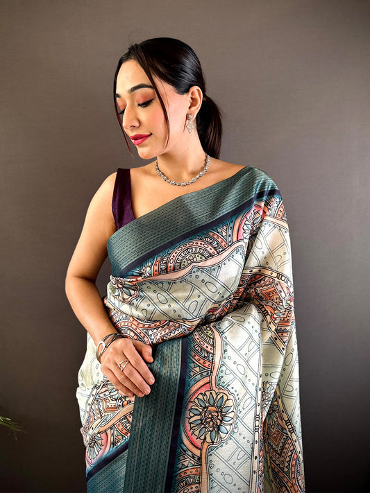 Off White Digital Kalamkari Printed Tussar Silk Saree by My Store